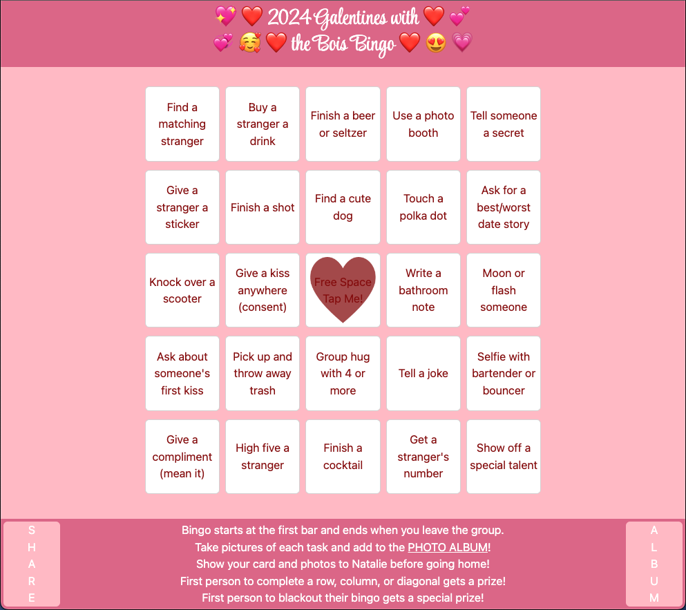 An interactive bingo board designed for Valentines day