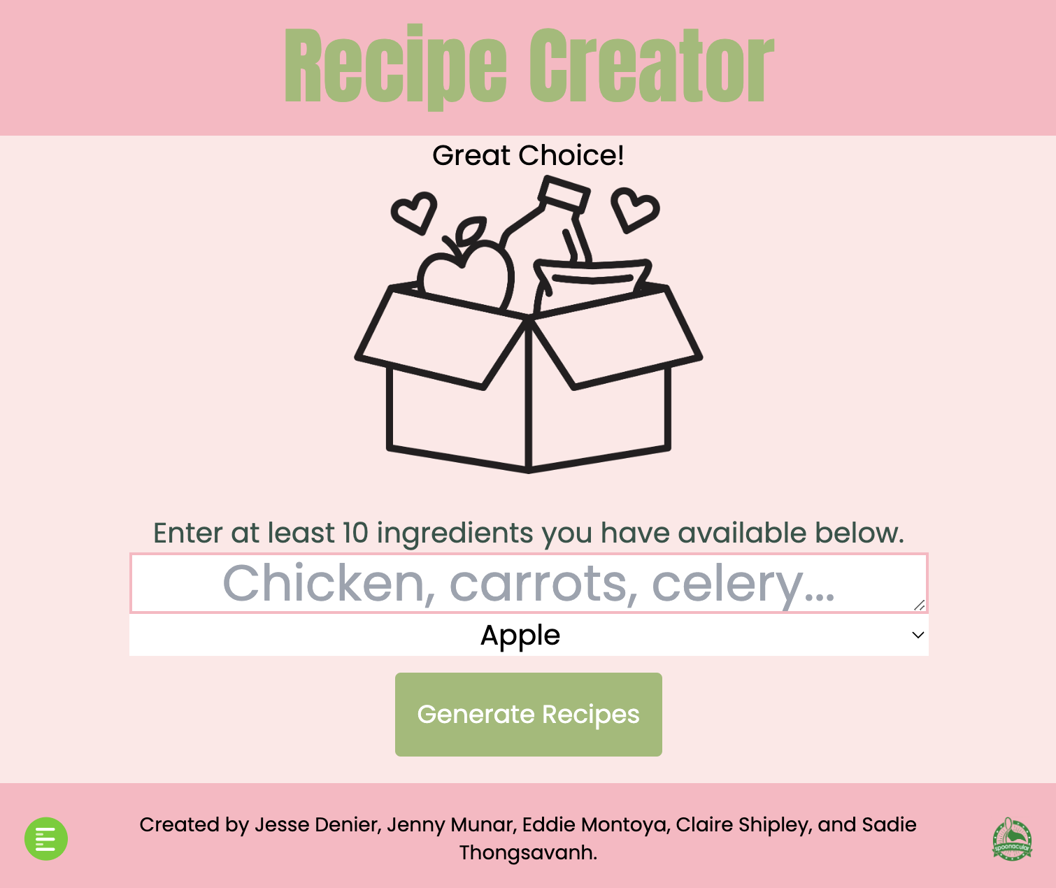 A single input form for entering ingredients